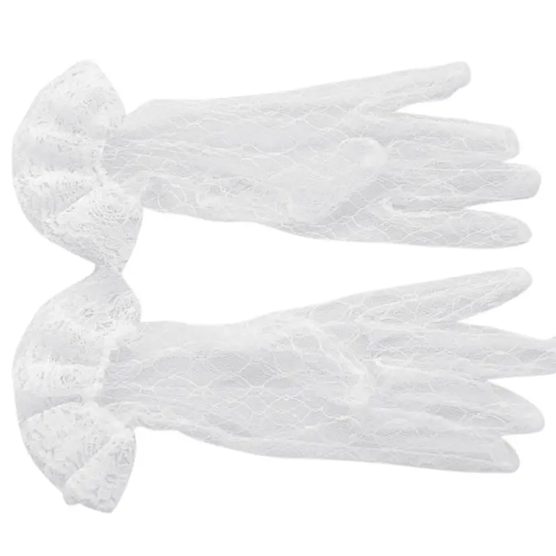 

White Bridal Wedding Short Gloves Full Fingered Transparent Rhombic Gauze Ruffle Lace Trim Wrist Length Mittens Party Accessorie