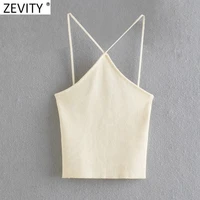 zevity 2021 women chic candy colors spaghetti strap slim knitting camis tank ladies summer backless halter crop tops ls9527