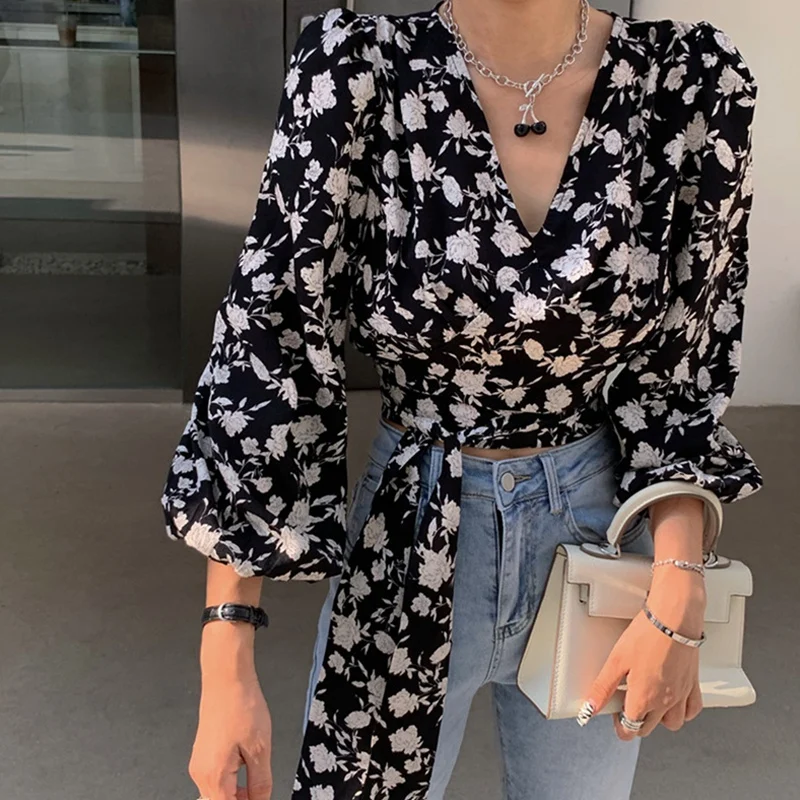 Шифоновая Блузка с цветочным принтом Женская туника на завязках кимоно