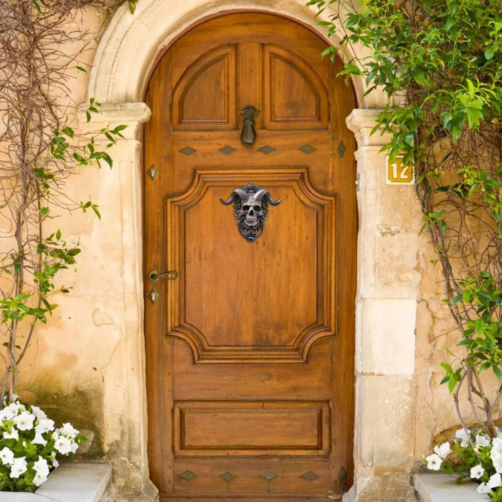 

40# Gothic Horned Skull Hanging Vintage Door Knocker Heavy Duty Door Knocker Perfect Statues Garden Decoration Outdoor Pendants