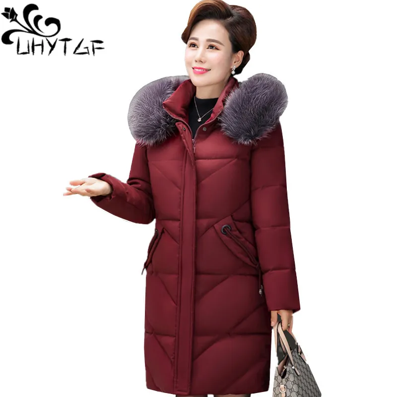 

UHYTGF Fashion Thicken Down Cotton Coat Women Winter Jacket Female Down Cotton Coat Big Size Korean Parka Long Hooded Coat X534
