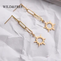 gold plated link chain long dangle earrings for women fashion stainless steel hollow out sun drop earrings boho jewelry