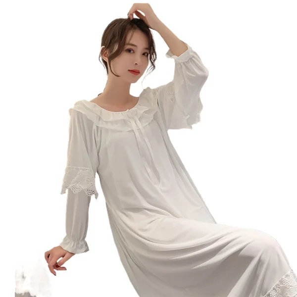Nightdress Women's Spring Summer Long Sleeve Pure Color Princess Style Sweet Court Yarn Mesh Lace Sexy Nightgown Home Clothes