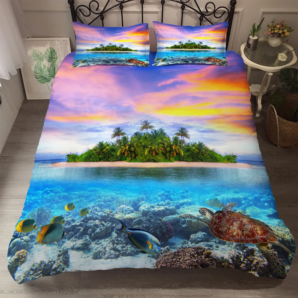 

3D Fashion Print Tropical Beach Blue Sea Duvet Cover Scenery Luxury Kid Adult Bedding Set Soft Cotton Comforter Queen king size