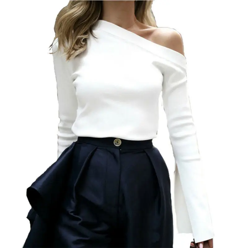 

Womens Ladies Off Shoulder Jumper Pullover Long Sleeve Fit T-Shirt Blouse Tops