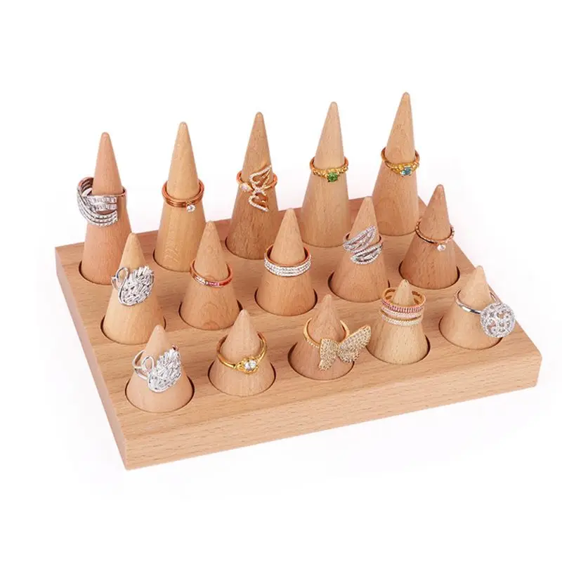 

Natural Wood Cone Shape Finger Ring Stand Jewelry Display Holder Showcase Display Stands Rings Bracelet Jewelry Tray