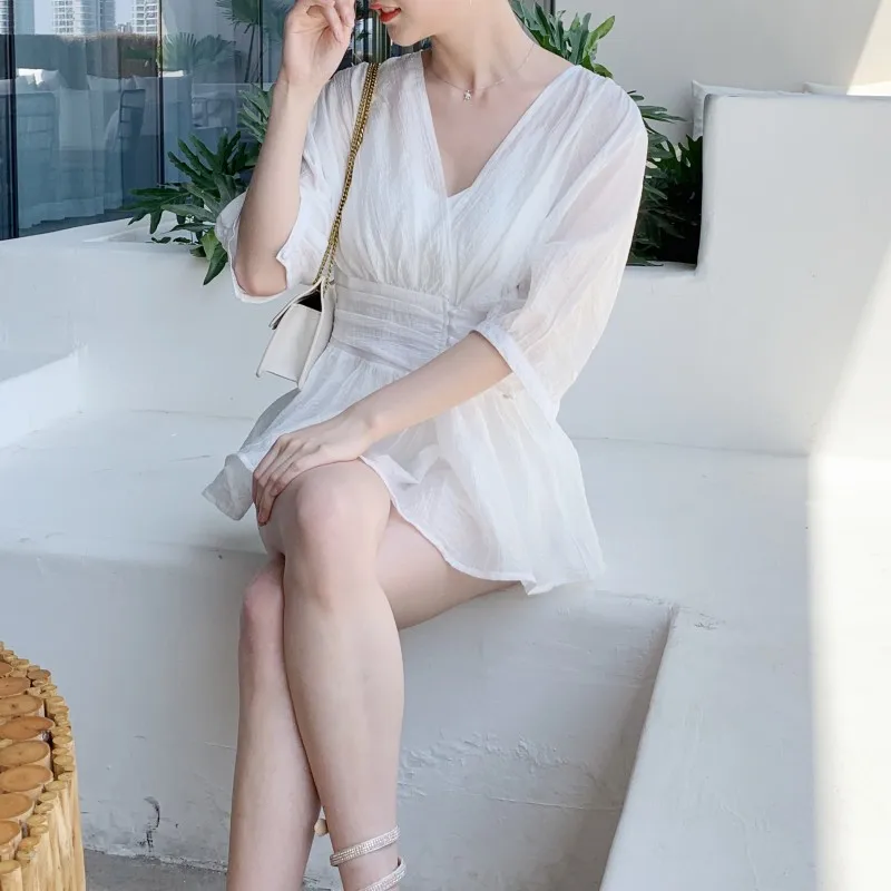 Женские белые длинные рубашки и шорты костюм комплект из 3 предметов блузка с