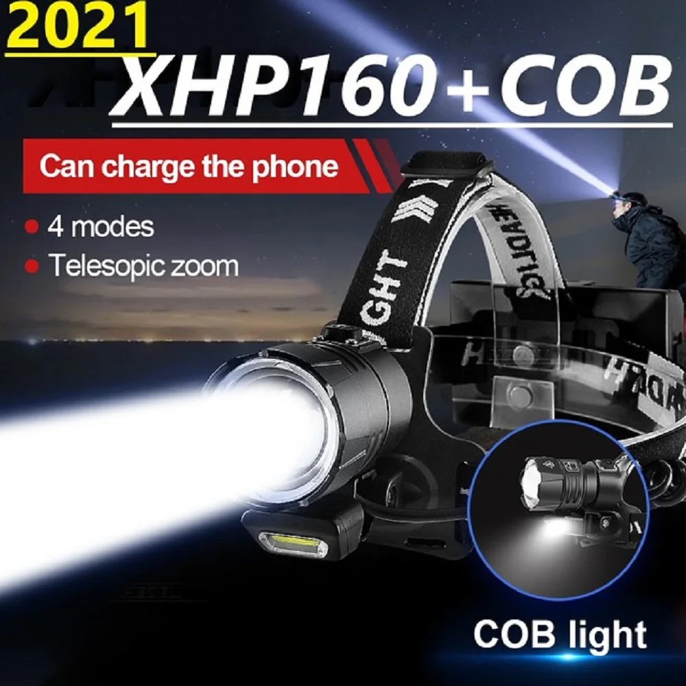 Новый мощный яркий светодиодный налобный фонарь XHP160, XHP100, XHP90.2, мощный светодиодный налобный фонарь 18650, налобный фонарь с зумом, перезаряжаемый налобный фонарь - изображение