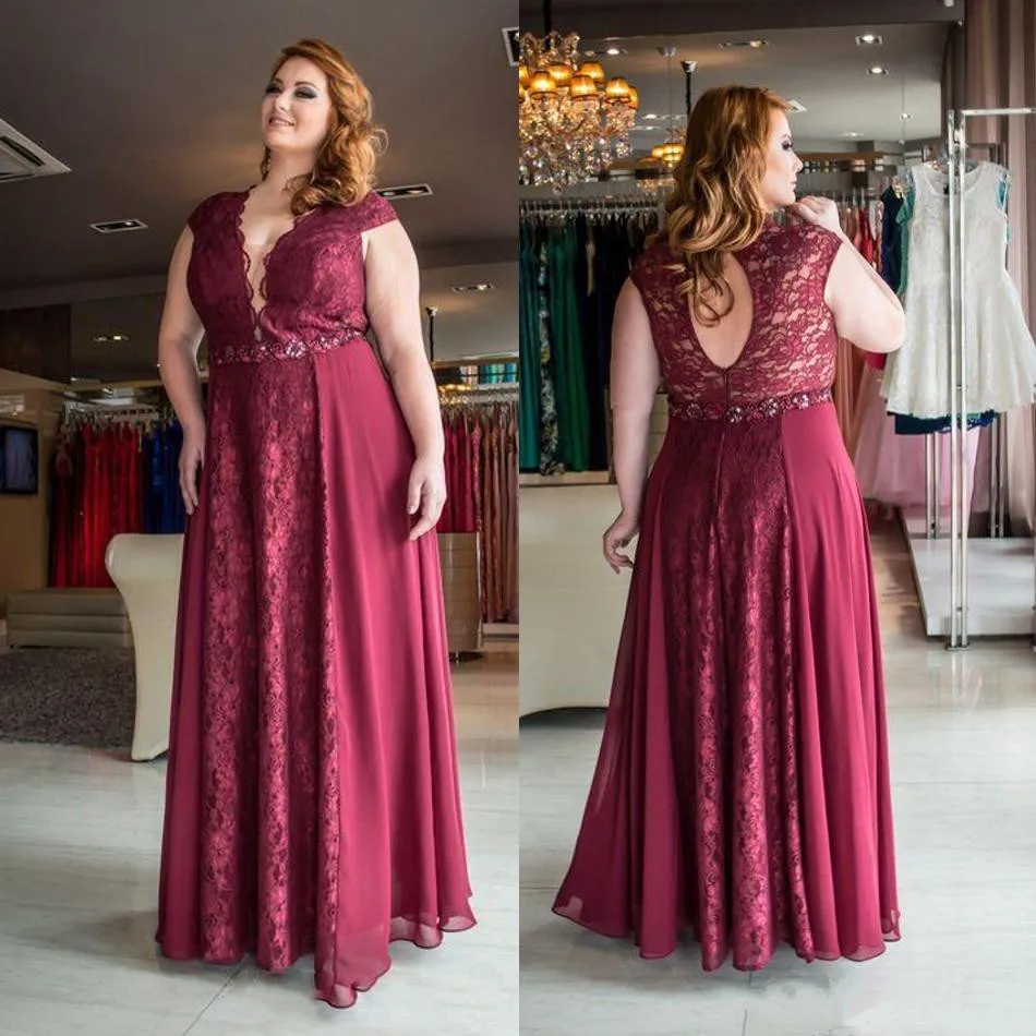

Plus Size V Neck Sexy Evening Dresses Capped Sleeves Keyhole Back Prom Gowns Lace Chiffon Long A Line Bride Formal Dress