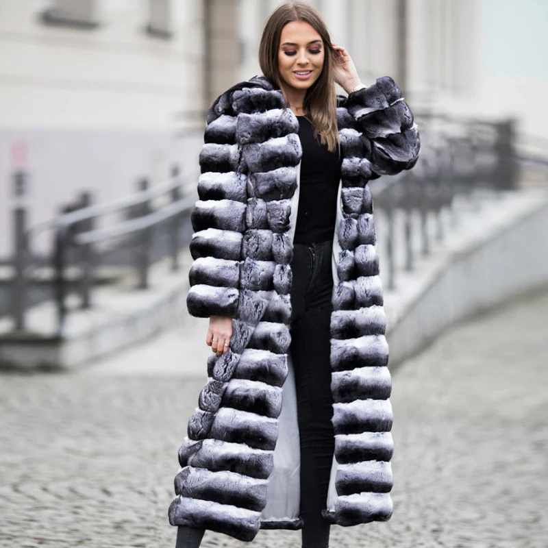 130cm Long Genuine Chinchilla Rex Rabbit Fur Coat With Big Hood For Women Full Pelt Natural Rex Rabbit Jacket Winter Woman Coats