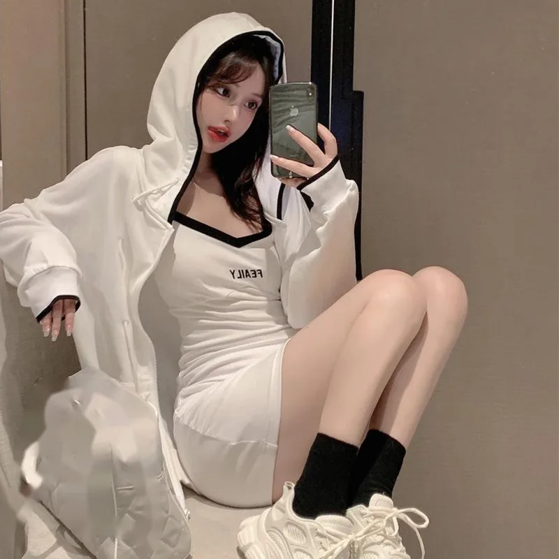 

Christmas White Loose Hooded Mid-length All-match Zipper Cardigan Top Winter New + Letter Suspender Hip Wrap Dress Set MO00