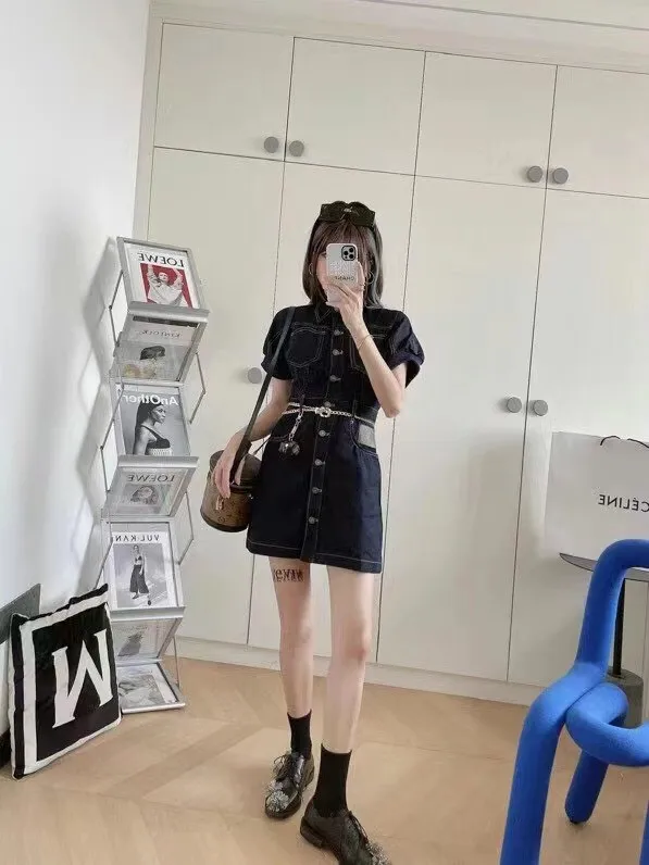 

2021 Summer new designer women's denim dress with customized pocket and belt