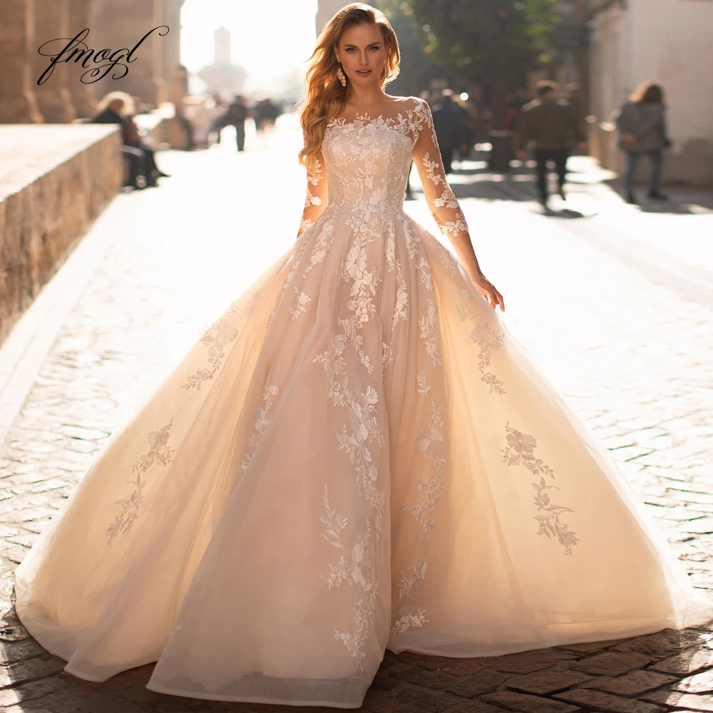 

Fmogl три четверти рукав Винтаж А-линия свадебные платья 2021 аппликации корт Поезд Кружева Свадебное платье, тюль размера плюс