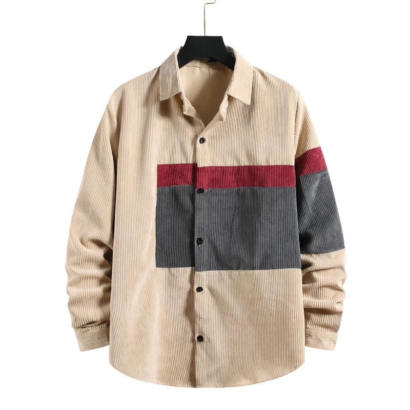 

High Quality Men Fashion Loose 2 Color Patchwork Button Down Corduroy Long Sleeve Shirt