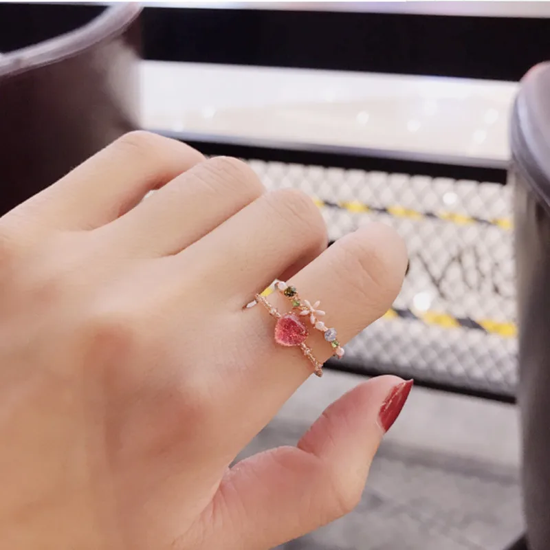 Женское кольцо с розовым цветком корейское геометрическое из розового золота