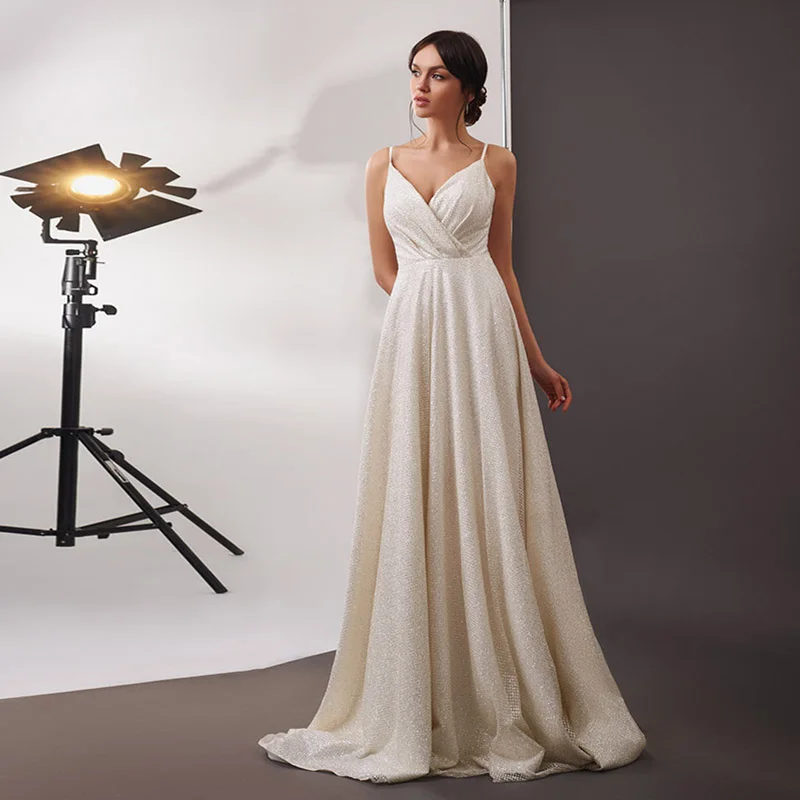 

Sexy Deep V-neck Bridal Wedding Dress 2021 Robe Boheme Glitter Tulle New Mariage Wedding Gowns Vestidos Boho Prom Evening Gown