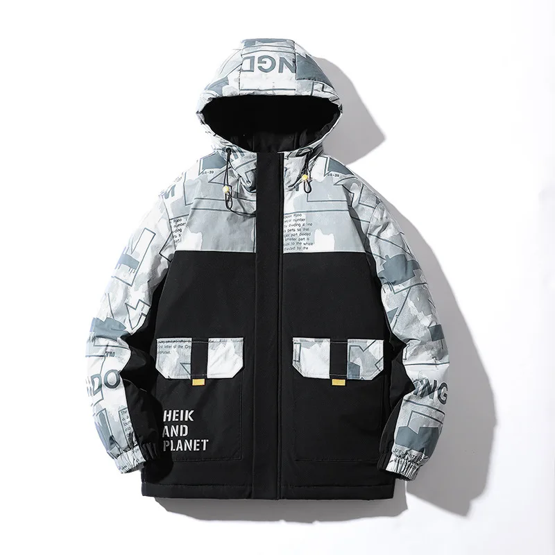 Men's Fashion Plus Size Stitching Printing Warm Jacket Youth New Thick Padded Jacket Mens Winter Coat Loose-fitting Outerwear