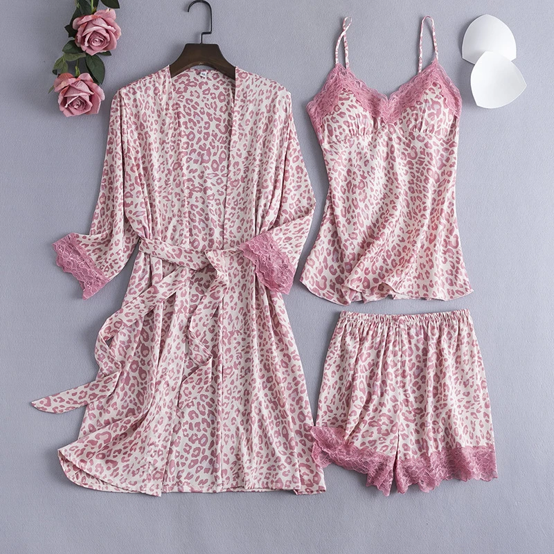 

Сексуальные пижамы из трех частей, женские шорты на тонких бретелях, халат с нагрудной подкладкой, свободный домашний халат, chinoise Leopard