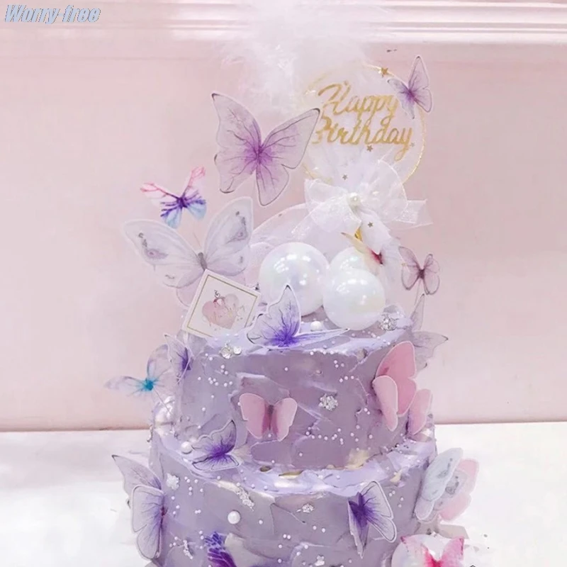 

5Pcs Butterfly Happy Birthday Cake Toppers Handmade Painted Wedding Birthday Party Cake Decoration Party Baking Supplies