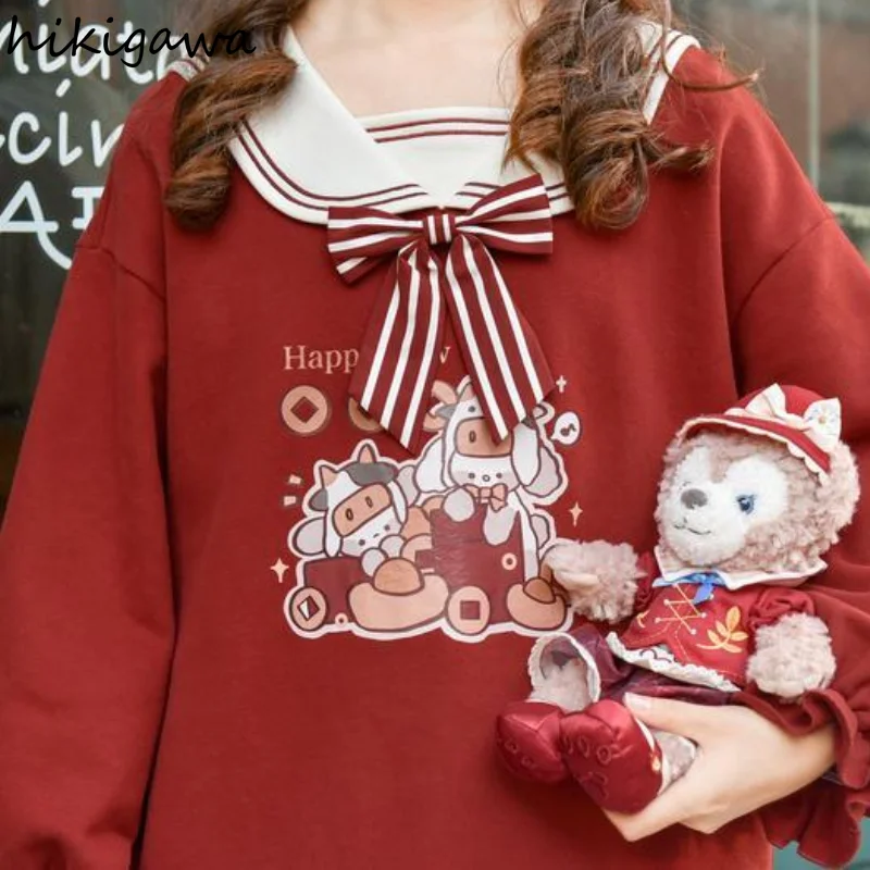 

Hikigawa Autumn Winter Japanese Sweet Navy Collar Sweater Female Cartoon Print Cute Outer Wear All-match Student Pullover Tops