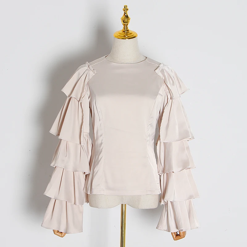 

VGH Elegant Splicing Ruffle Blouse For Women O Neck Long Sleeve Casual Black Shirt Female 2020 Fashion New Clothing Style Fall