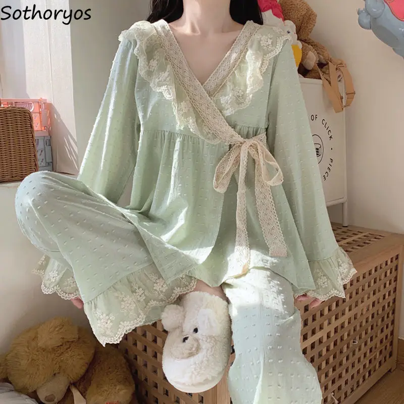 

Fairy V-neck Lace Spring Pajama Sets Women Sashes Kimono Designed Loose Elegant Tender Stylish Chic Japan Sleepwear Lounge Ins