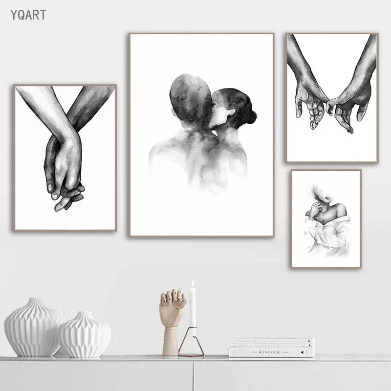 

Black White Romantic Couple Hand In Hand Canvas Paintings Abstract Kissing Lover Wall Art Poster Print Pictures for Home Decor