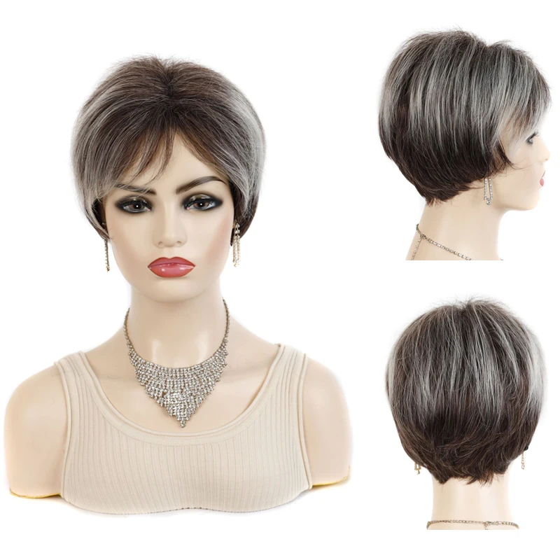 Синтетический короткий парик с прямыми волосами для женщин серые и белые волосы