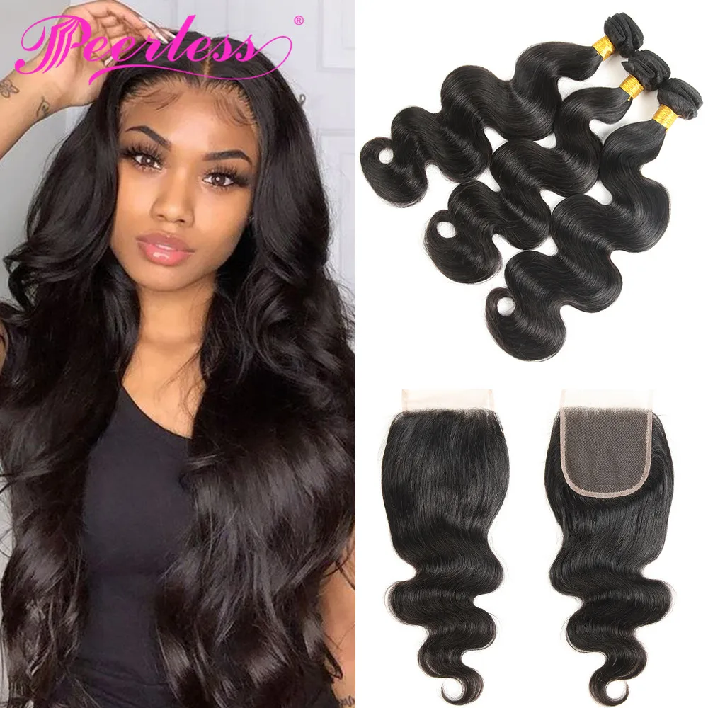 PEERLESS волосы перуанские волнистые человеческие пряди с Закрытие 4*4 швейцарский