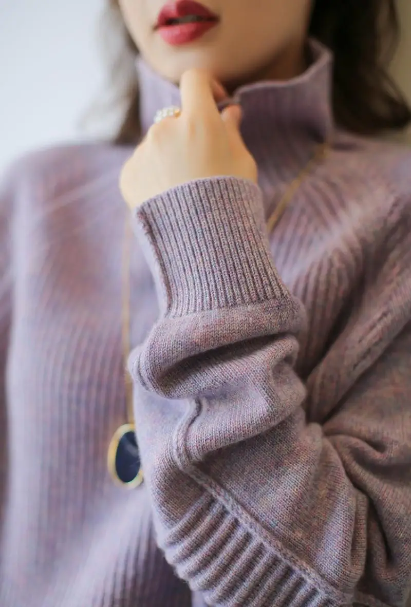

Autumn and Winter New Cashmere Sweater Women's High Neck Thick Pullover 100% Wool Loose Sweater Large Size Knitted Sweater