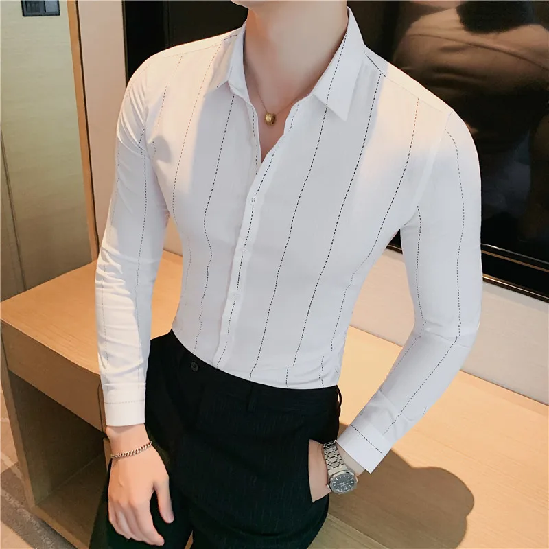 

Мужская рубашка в полоску, с длинным рукавом, простая, приталенная, осенняя, 2022