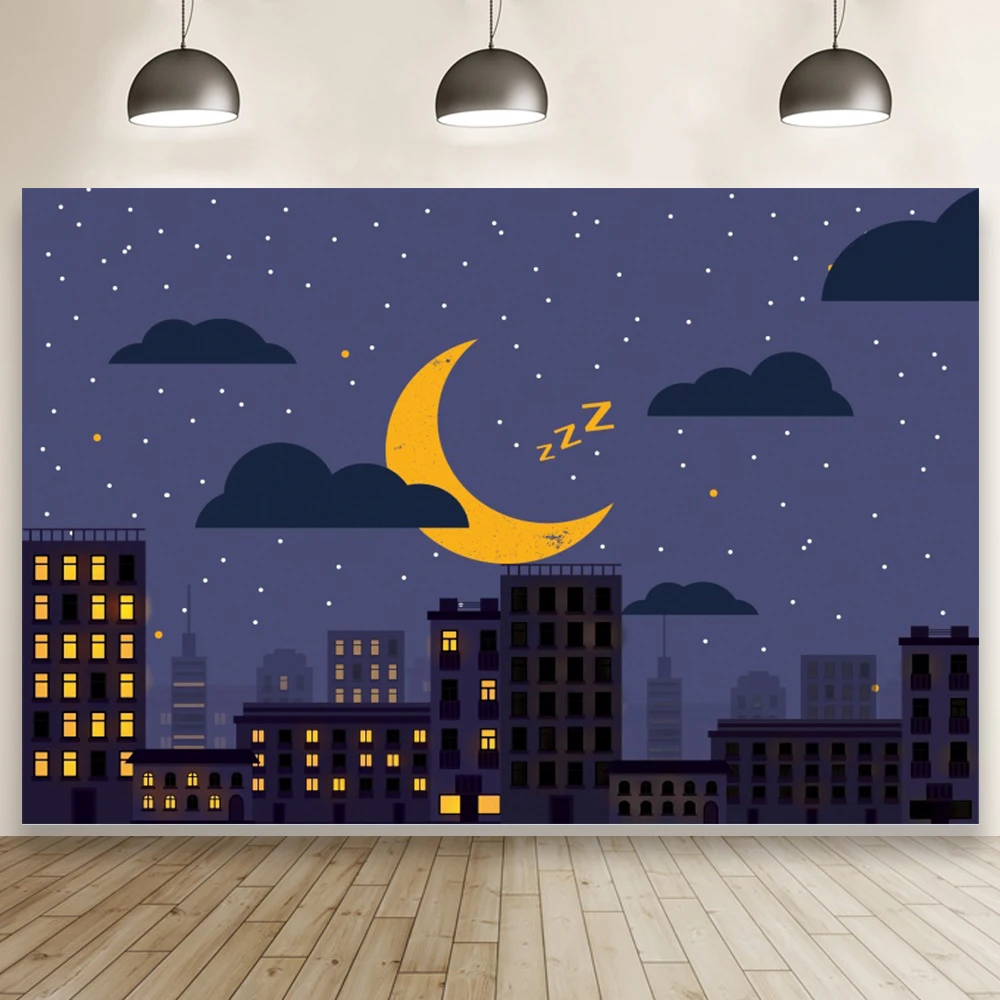

Dark Blue Night Sky City Moon Theme Background Photo Photography Kids Birthday Party Photozone Backdrop Banner Wallpaper