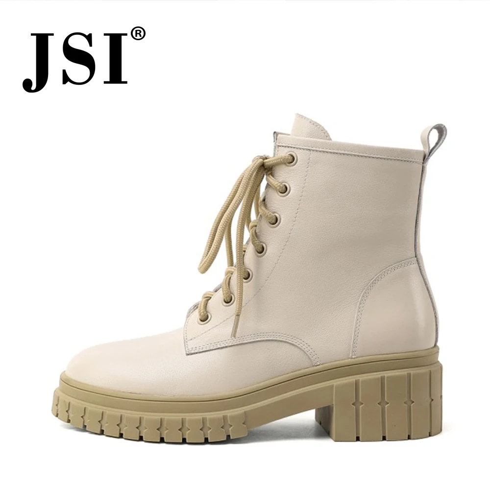 JSI Mid-calf Martin beige Boots Winter Woman Genuine Leather Low Heel Platform Ladies solid Pattern Cross-tied Shoes JO596 | Обувь