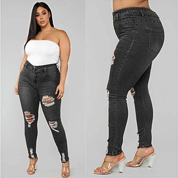 European and American high waist ripped large size fat jeans women small feet jeans women