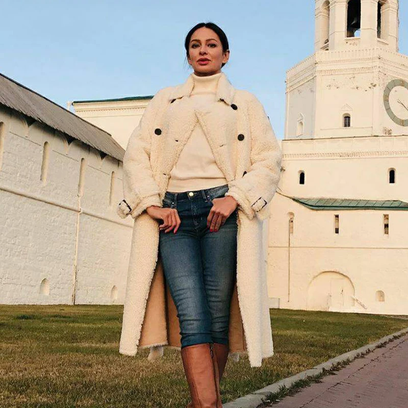 Женское пальто из натуральной овчины TOPFUR серое шерстяное кожи с поясом и