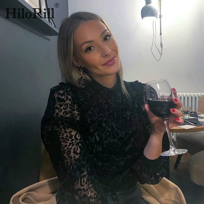 HiloRill Women Leopard Print Blouses 2021 Transparent Puff Long Sleeve Ruffle Shirt Black Elegant Top Blouse Blusas Mujer | Женская