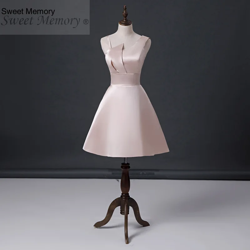 

Women Formal Short Satin O Neck Champagne Prom Dresses vestidos White Red Navy Blue Party Gowns F2095 Sweet Memory
