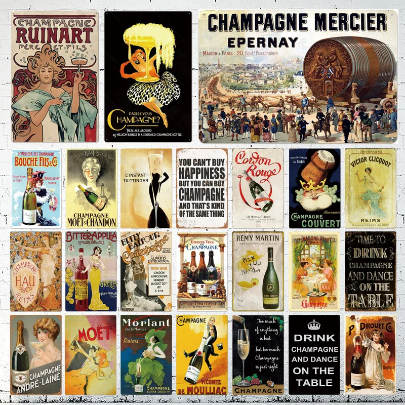 

Retro Tin Sign Bar Wine Champagne Metal Sign Decor Liqueur Art Metal Painting Plaque Room Bar Pub Club Man Cave Home Decoration
