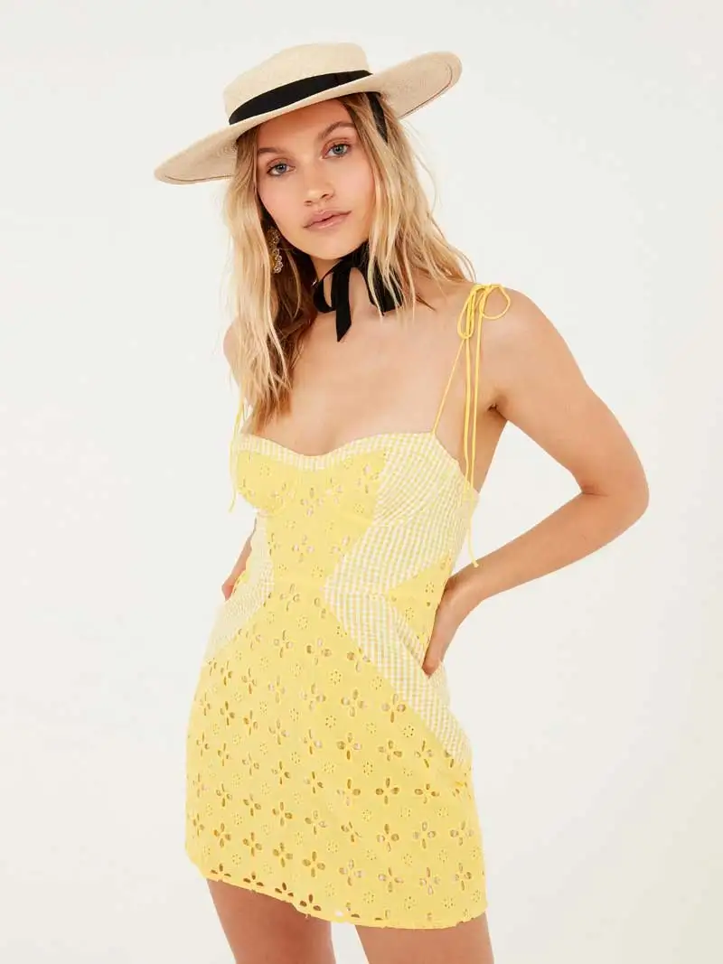 Желтое платье в клетку на бретельках летнее Хлопковое с ушками сексуальное