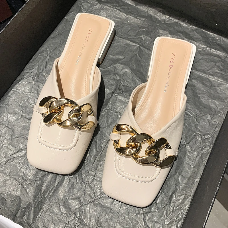 

Spring Summer New Style Fashion Trend Square Toe Women Slipper Metal Chain Mules Baotou Low Heel Slipper Women Casual Sandals