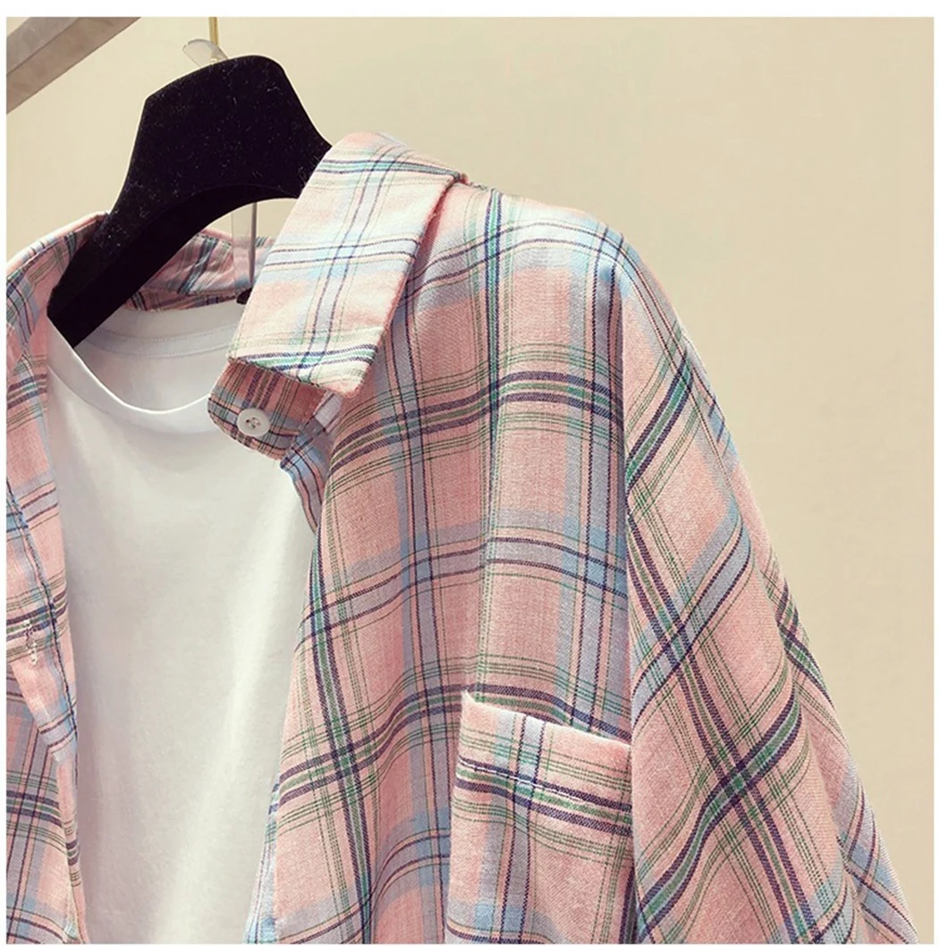 Мода 2019 Корейская верхняя одежда в стиле преппи свободное женская рубашка клетку