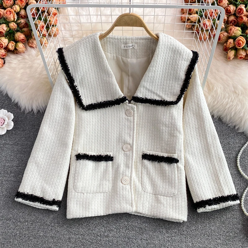 

YIZZHOY New Spring Autumn Women Long sleeve Sailor collar Top Casual Fashion Knitted Slim Single Breasted Shirt