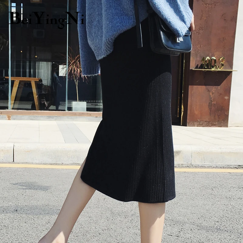 

Beiyingni Package Hip Midi Skirt Women Buttons Split Vintage 2020 Autumn Slim Elegant Knitted Chic All-match Midi Skirt Ladies