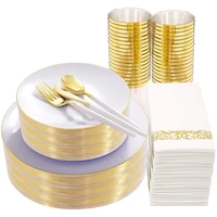 disposable party tableware white and gold plastic plate silverware set daily birthday wedding party decoration supplies