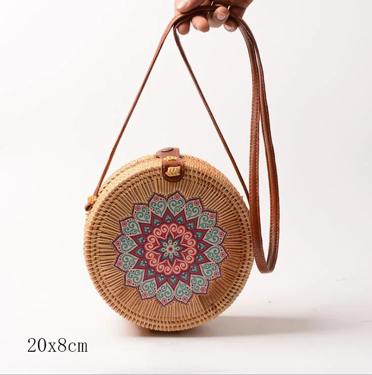 flower A 20X8cm Солнечный пляж, ручные тканые сумки, круглая сумка с пряжкой, Ротанговые соломенные сумки, ранец, богемная пляжная круглая сумка - Цвет: flower A 20X8cm