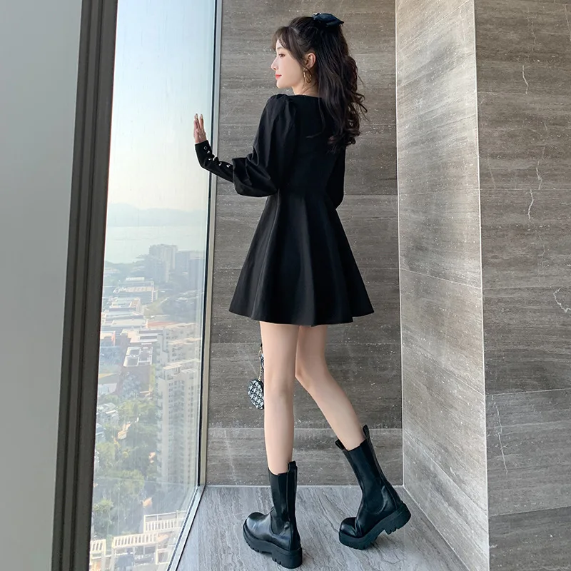 

Japanese Style Sweet Girl Mini Dress Women 2021 Spring New Arrival Dress Bow Luxury Design Square Collar Latern Sleeve Dress