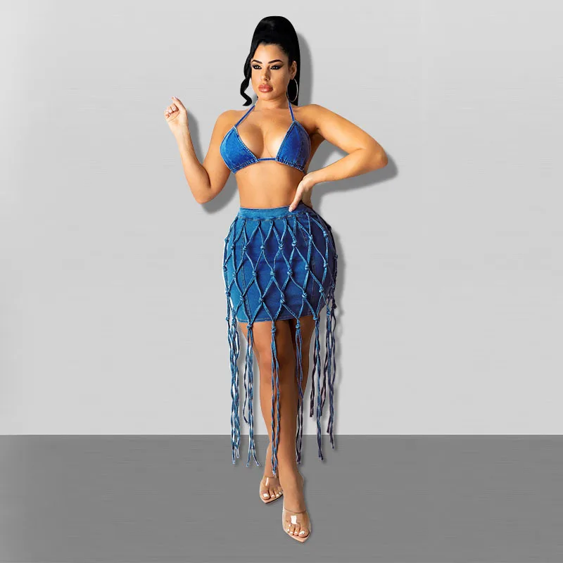

Adogirl Women Hand Braided Rope Denim Suit Lace Up Bra Top Bodycon Skirt Jeans Two Piece Set Female Fashion Sexy Summer Outfits