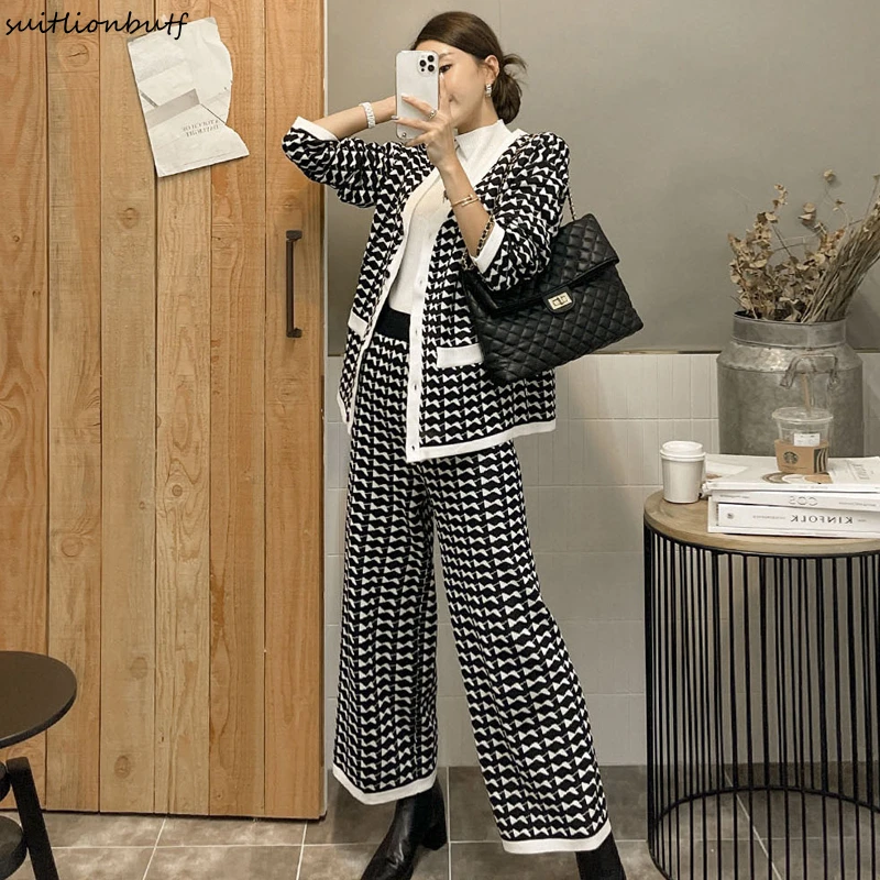 

Houndstooth Vintage Pants Suit For Women V-neck Single-Breasted Long Cardigans Wide Leg Pants Korean Elegant Ladies 2 Piece Sets