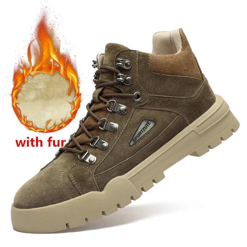 khaki fur Зимние мужские теплые ботинки; уличные модные замшевые ботинки на шнуровке; повседневные модные удобные рабочие ботинки Martin; мужские ботинки - Цвет: khaki fur