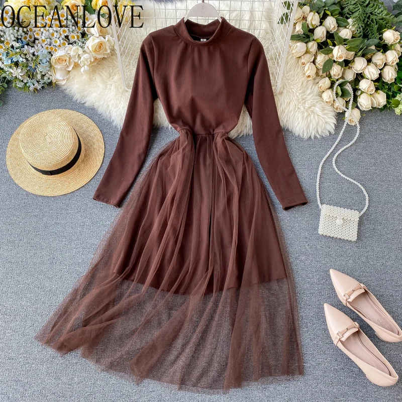 Новинка 2020 года. Осенне зимнее женское платье с однотонной сеткой в стиле